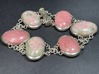 Heavy Sterling Silver Bracelet W Pink Jasper Stones