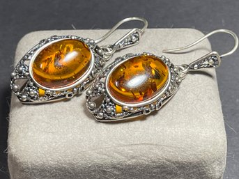 Very Fine Sterling Silver Genuine Amber Pierced Earrings