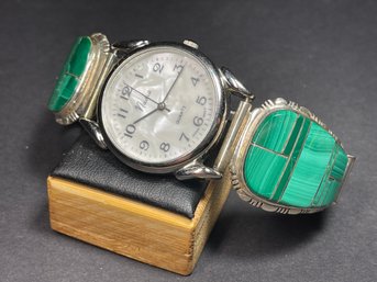 Very Fine Sterling Silver Malachite Inlay Wristwatch