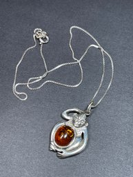 Sterling Silver Necklace Monkey Pendant W Amber Stone