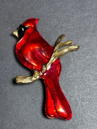 Gold Tone Enamel Cardinal Bird Brooch