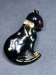 Black Enamel Seated Cat Brooch