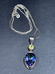 Fine Sterling Silver 18 Inch Necklace W Large Pendant Peridot Amethyst