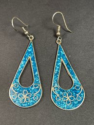 Pair Vintage Mexican Alpaca Silver Pierced Earrings Crushed Turquoise