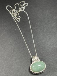 Fine Sterling Silver Jade Cabochon Pendant On 18 Inch Chain