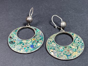 Pair Antique Mexican Sterling Silver Turquoise Pierced Earrings