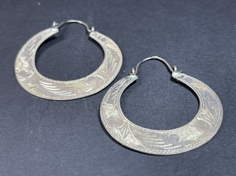 Pair Antique Sterling Silver Engraved Pierced Hoop Earrings