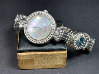 Aria Working All Sterling Silver Ionic Column Bracelet Wristwatch W Blue Topaz Stones