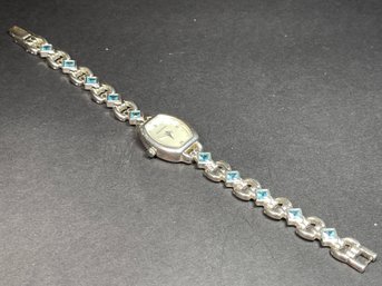 Heavy Sterling Silver Blue Topaz Bracelet Wristwatch