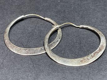 Pair Sterling Silver Hand Wrought Hoop Pierced Earrings