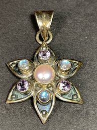 Sterling Silver Pendant Floral Firm Moonstone, Amethyst & Genuine Pearl