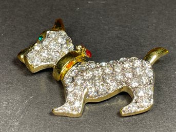 Vintage Gold Tone Rhinestone Enamel Scottie Dog W Bow