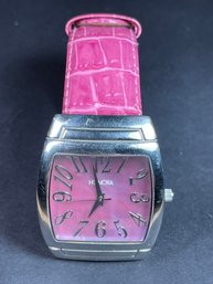 HONORA Pink Wide Leather Band Mother Of Pearl Wristwatch