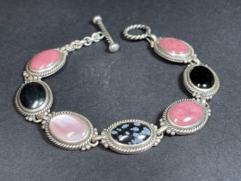 Sterling Silver Link Bracelet Pink And Black Hard Stones