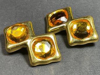 1980s Gold Tone Large Glass Stone Givenchy Clip Earrings