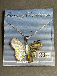 Sterling Silver Butterfly Pendant Necklace W Abalone Shell Inlay