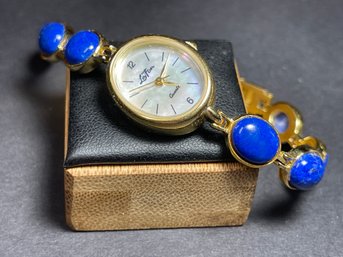 La Fan Gold Tone Genuine Lapis Lazuli Bracelet Wristwatch