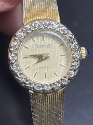 Gold Tone Ladies Wristwatch W White Gemstones Nicolet