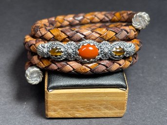 Braided Leather Sterling Silver Coral Tigers Eye Coil Bracelet