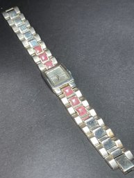 Sterling Silver Very Heavy Aria Bracelet Wristwatch Pink Stones 65.6 Grams