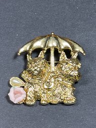 Gold Tone Cat And Dog Umbrella Brooch