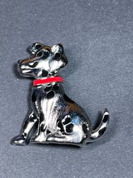 Silver Tone Seated Dog Brooch W Red Collar