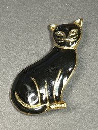 Gold Tone Black Enamel Seated Cat Brooch