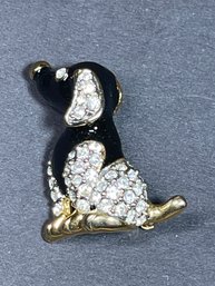 Gold Tone Enamel Rhinestone Dog Brooch