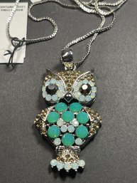 Contemporary Silver  Tone Necklace W Rhinestone Owl