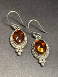 Pair Genuine Amber Sterling Silver Pierced Earrings.