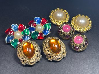 Lot Four Fun 1980s Colorful Enamel Stone Gold Tone Clip Earrings