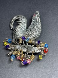 Pewter Finish Rooster Brooch W Beadwork