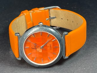 Aria Orange Mother Of Pearl Leather Sterling Silver Wristwatch