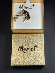 1980s Gold Tone Monet Cat Mouse Brooch In Original Box