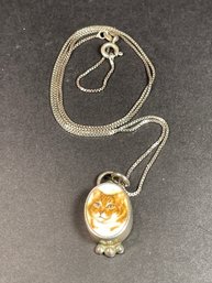 Sterling Silver 20 In Box Chain Necklace W Porcelain Cat Pendant