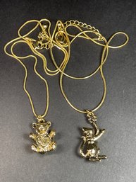 Two Fine Gold Tone Necklaces W Cat And Teddy Bear Pendants