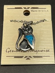 Sterling Silver Necklace Turquoise Cat Pendant On Card