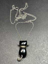 14k Gold Sterling Silver Black Onyx Cat Pendant Sterling Chain