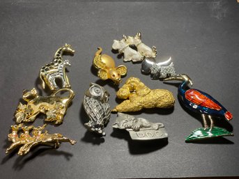 Nice Lot Of 10 Vintage Gold Tone Silver Tone Enamel Animal Brooches