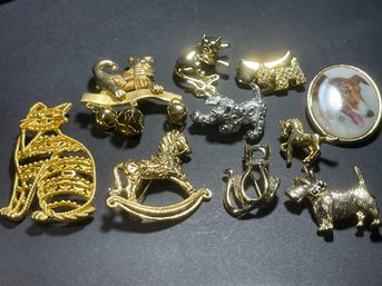 Lot 10 Mostly Gold Tone Vintage Cat Dog Brooches