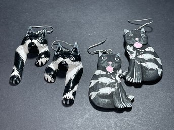 Two Pair Carved Painted Wood 1980s Cat Pierced Earrings