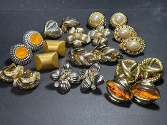 11 Pair 1980s Costume Clip Earrings Gold Silver Tone