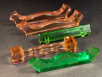 Lot Five Pink And Green Glass Knife Rests