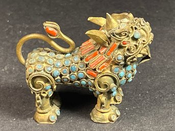 Gilt Silver Foo Dog Fogure W Turquoise And Coral Inlay