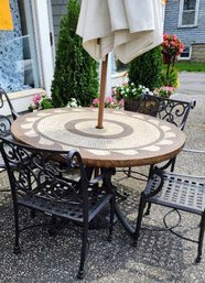 Mosaic Pattern Outdoor Table, 4 Chairs & Umbrella By Cast Classics