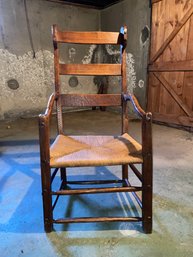 18th Century Antique Ladderback Wooden Arm Chair With Rush Seat