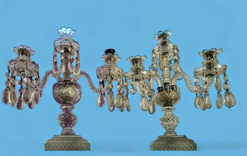 Pair Of Vintage Ornate Victorian Crystal Candelabras With Hanging Prisms