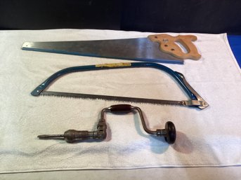 Vintage Brace, And Bit With Wood, Saw, And Handsaw Great Shape