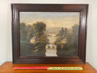 Lovely And Elegant Oil On Canvas 29x23 Mahogany Wood Frame European Castle On Lakeside