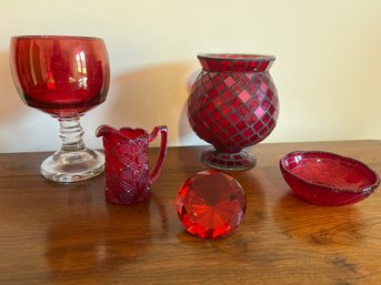 Cranberry Collection, Goblet 8x4.75, Vase 6x7.5in, Dish 5x1.75in, Pitcher 4x2in, Paperweight 3.5x2in, No Chips